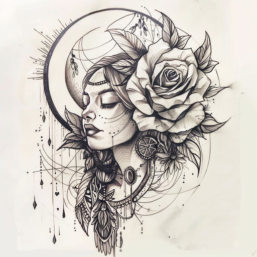 Peaceful flat tattoo sketch of a gypsy rose in a tranquil garden setting