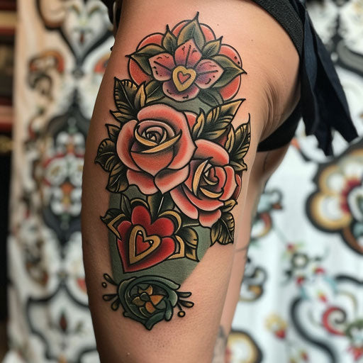 Thigh tattoo of traditional roses and hearts, Ed Hardy style