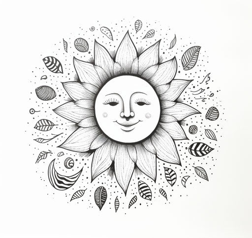 Sun illustration in black and white for tattoos and coloring