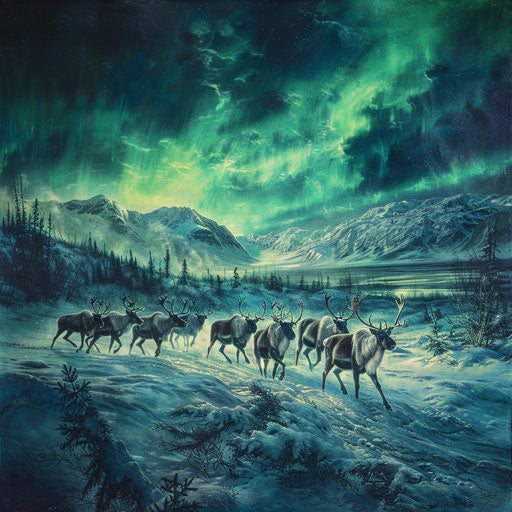 Woodland caribou migration under northern lights