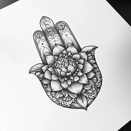 Beautiful hamsa hand tattoo with floral mandala in grayscale
