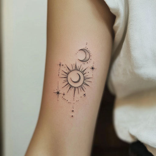 Minimalist sun and moon tattoo on inner elbow, clipart style