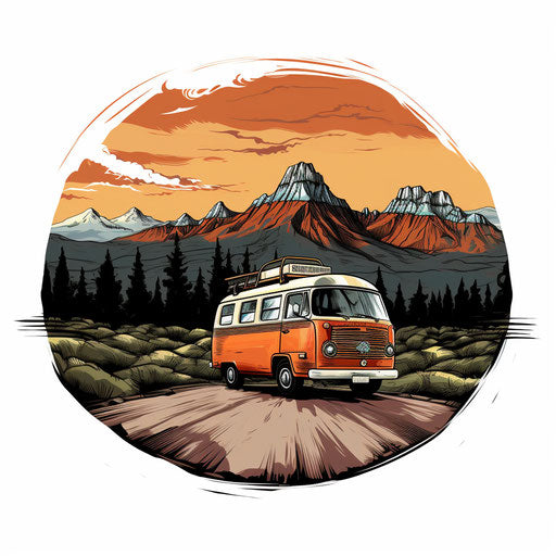 Road trip artwork in Chiaroscuro style on white background