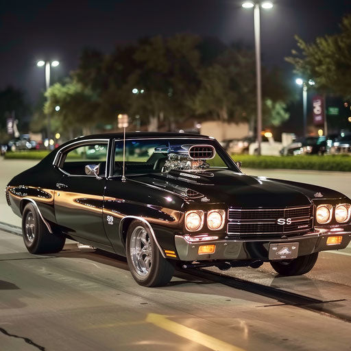 1977 Chevelle with supercharged engine in jet black making a grand entrance at a car show