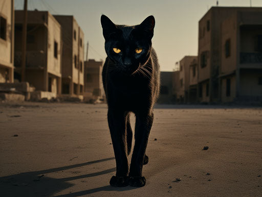 A black cat walking down a driveway, in the style of genderless, prehistoricore, Ahmed Morsi, explosive pigmentation, Hedi Xandt, Les Nabis, caninecore 4:3