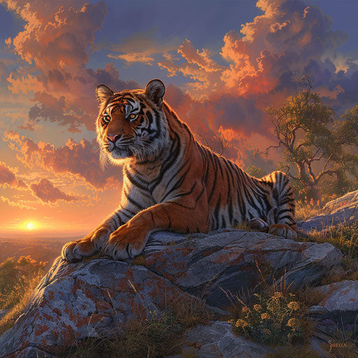 Tiger at dawn on a rocky outcrop