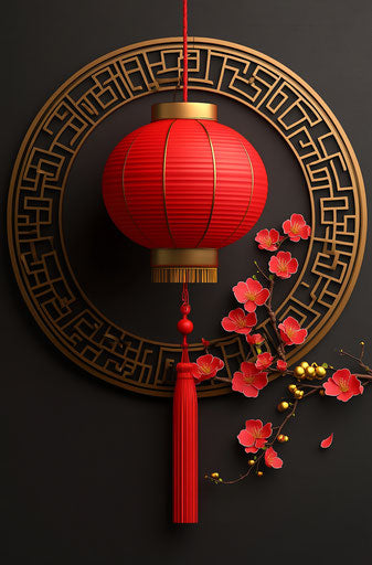 Red lantern on wall, plum blossoms and gold ingot, Chinese New Year