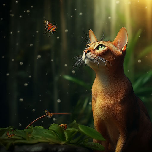 Abyssinian cat staring at an insect