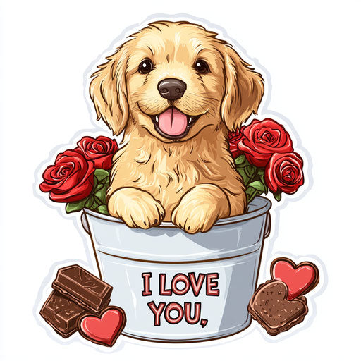 Cute golden retriever puppy in a bucket of red roses and chocolate