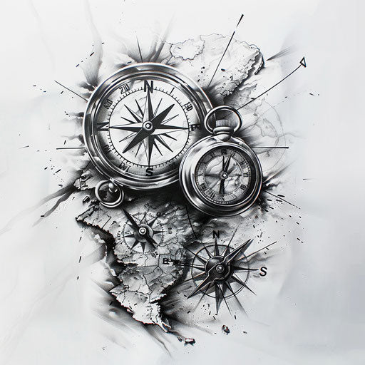 True north tattoo with compass and clock, time travel theme, on white background
