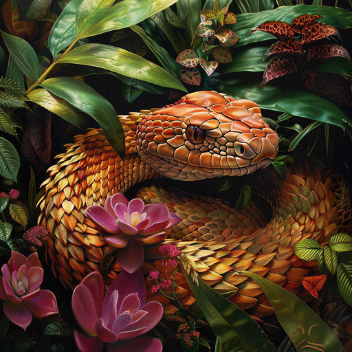Rattlesnake surrounded by lush and colorful greenery