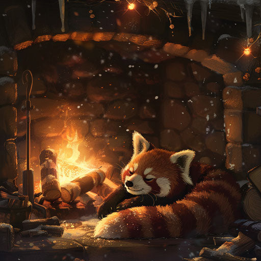 Cozy winter scene with red panda by crackling fireplace