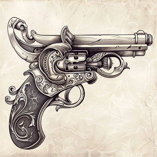 Vintage pistol tattoo design in bold black ink on paper