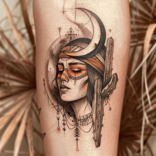 Flat tattoo sketch of a desert theme with warm earth tones and cactus green accents