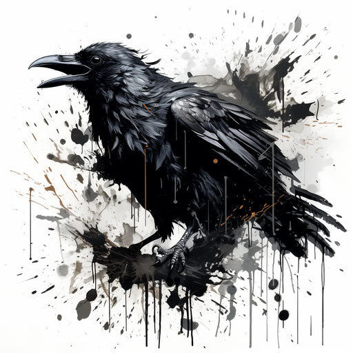 Black and white drawing of a crow with scratches and mixed pigments