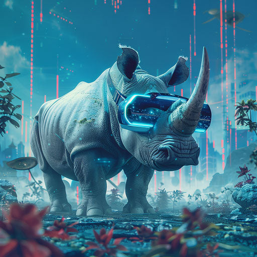 A rhino explores a digital world, a cyber adventurer in a virtual reality landscape.