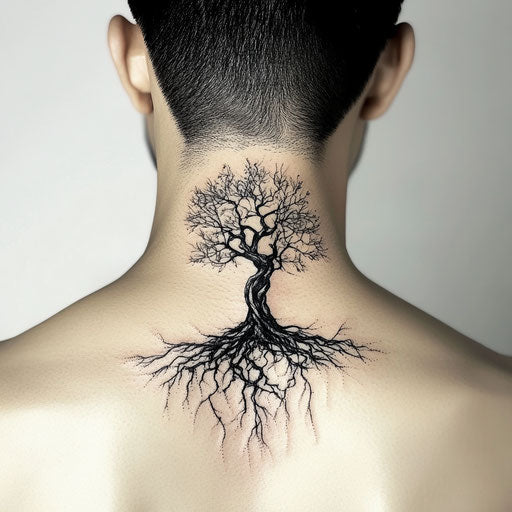 Stylized tree tattoo sketch on white background in flat style