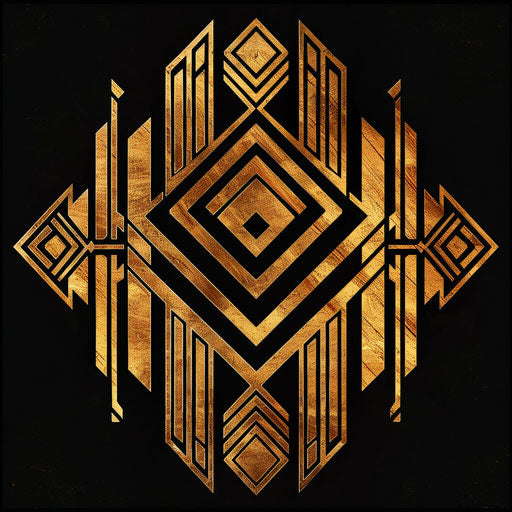 Art Deco logo with bold lines and geometric patterns, in black and gold