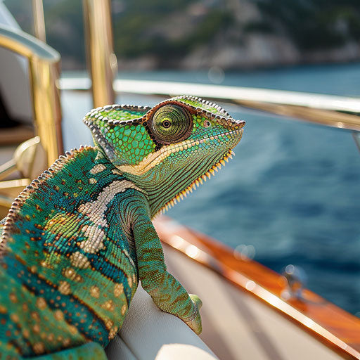 Chameleon on luxury yacht, elegance matches surroundings
