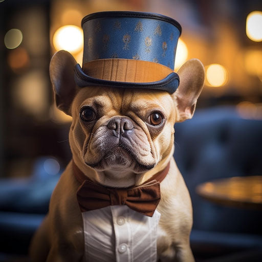 French bulldog with top hat, elegant style