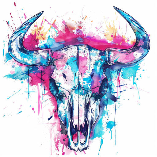 Cow skull with vibrant watercolor splashes
