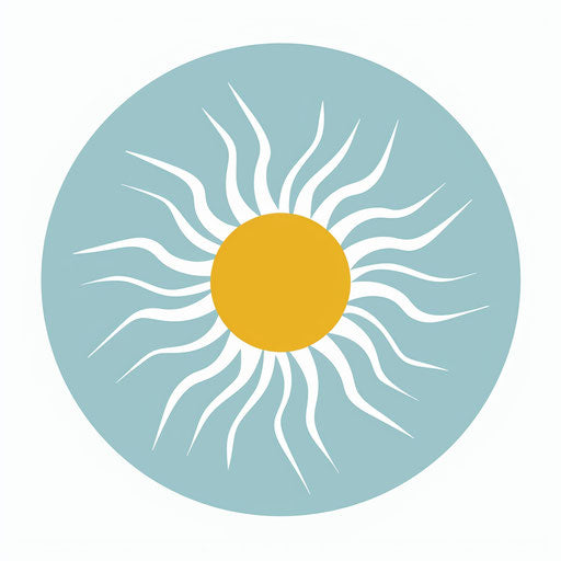 Round logo with stylized sun on pale blue background