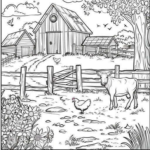 Farm scene with barn, cow, and chickens. Coloring book page