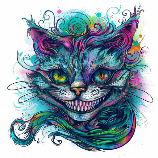 Cheshire Cat with wide smile, surreal flat tattoo sketch