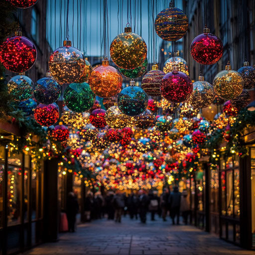 Christmas balls floating above a festive market