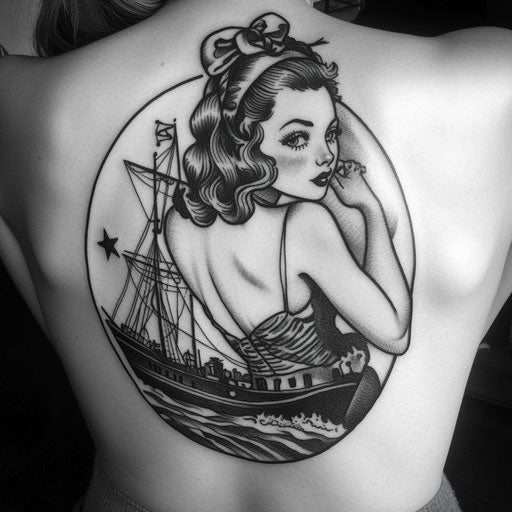 Back tattoo female in the style of Sailor Jerry with vintage pin-up girl on a ship