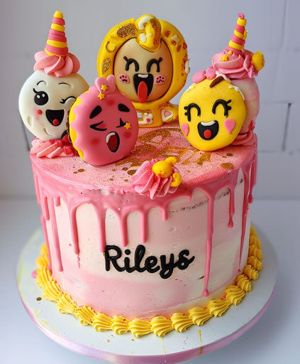Pink and yellow birthday cake with emoticons