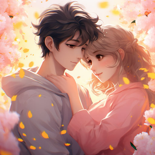 Anime couple embracing in gongbi pictorial style