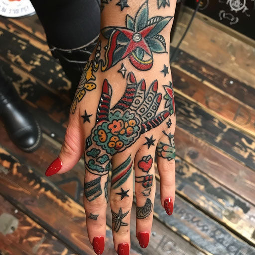 Classic Americana hand tattoo for women with patriotic symbols