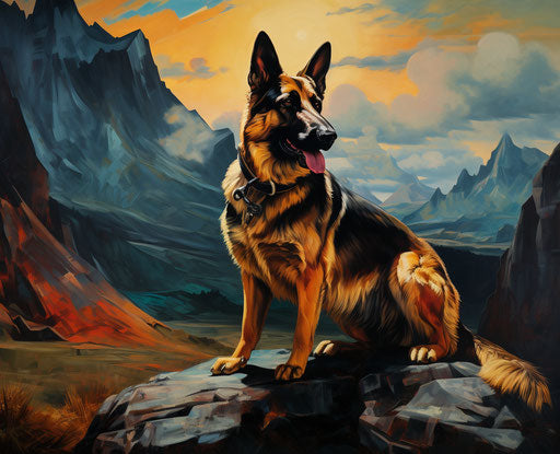 Small German Shepherd on Mount Follis, alpine landscape contrast