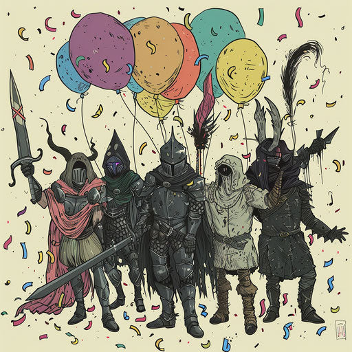 Playful tattoo sketch of Dark Souls characters in a party