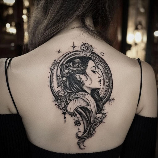 Female back tattoo David Palumbo style celestial goddess sky