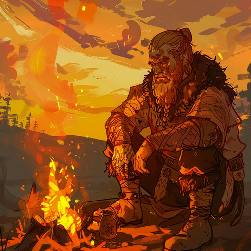 Cozy tattoo sketch of Baldur by the campfire