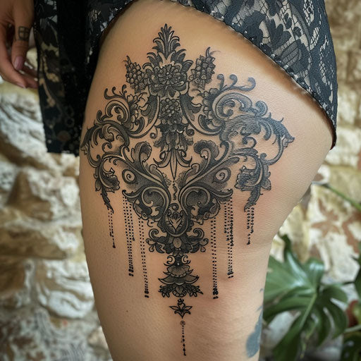 Victorian lace thigh tattoo in the style of J.P. Targete