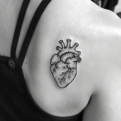 Minimalist black line art anatomical heart tattoo