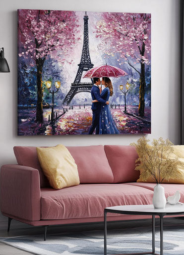 Romantic painting of the Eiffel Tower in Paris with a couple kissing under an umbrella, pink blossoms on the trees in the background