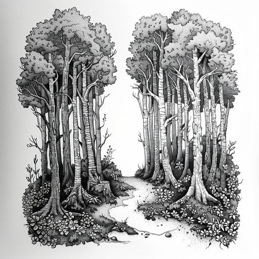 Dense forest with hidden path - line work tattoo
