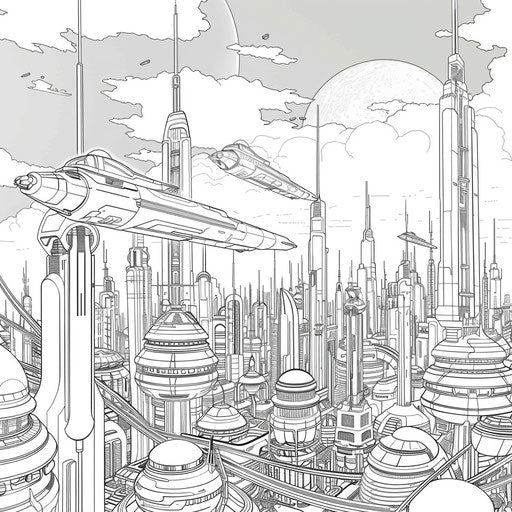 Futuristic city with skyscrapers and flying cars