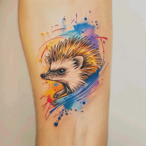 Watercolor tattoo sketch of a hedgehog with blending colors