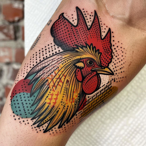 Pop art rooster tattoo, bold colors, dot patterns, comic-style background