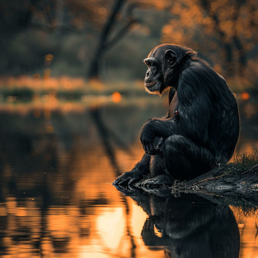 Chimpanzee sitting by a serene pond