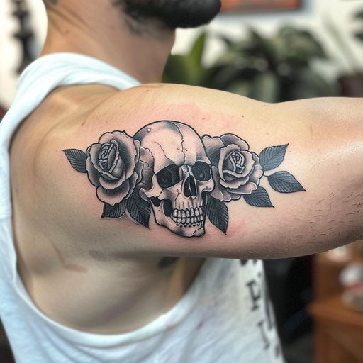 Bicep tattoo of a classic skull and roses, Ed Hardy style