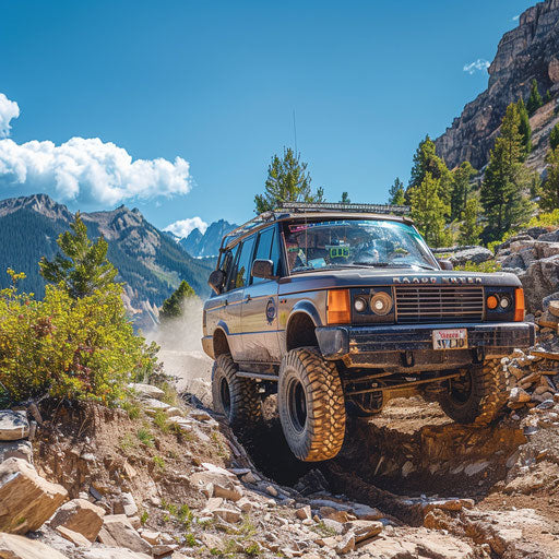 Modified off-road vehicle, 1994 Range Rover, oversized mud tires, lifted suspension, rocky mountain, clear blue sky