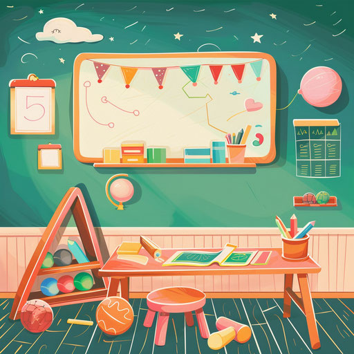 Kindergarten clipart in photo realistic style with a flat random background, vintage filter and delicate lines