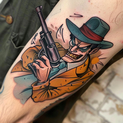 Whimsical gangster tattoo with machine gun