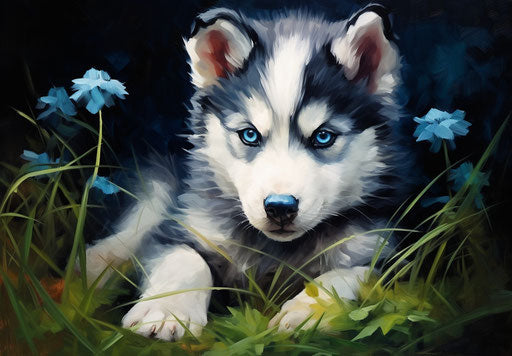 Little husky puppy laying on the grass